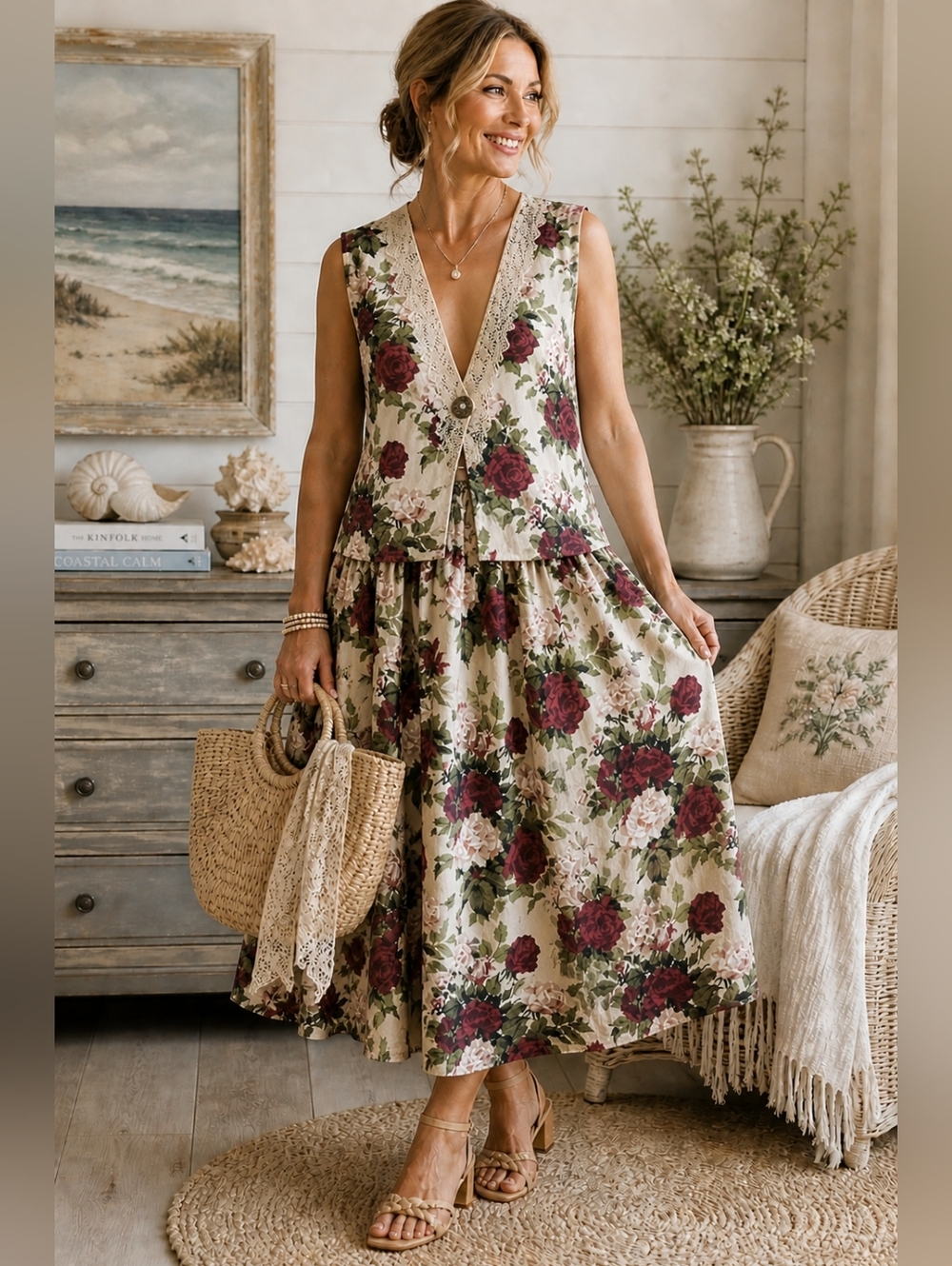 Vintage  90s Floral 2 Piece Set Lace Vest Elastic Waist Skirt Cottagecore Prairi